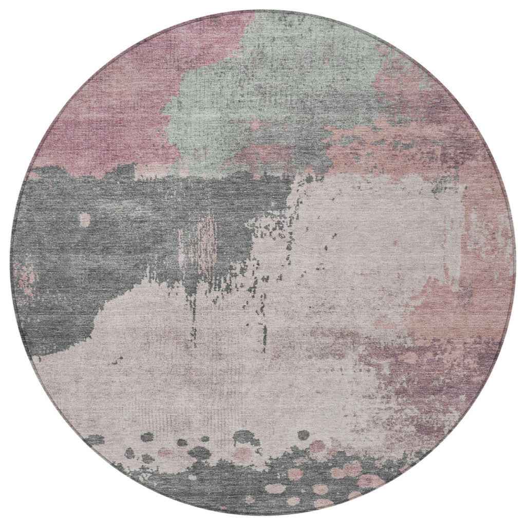 8' Blush Sage And Charcoal Round Abstract Washable Indoor Outdoor Area Rug