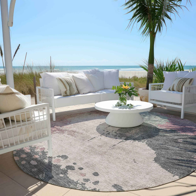 8' Blush Sage And Charcoal Round Abstract Washable Indoor Outdoor Area Rug