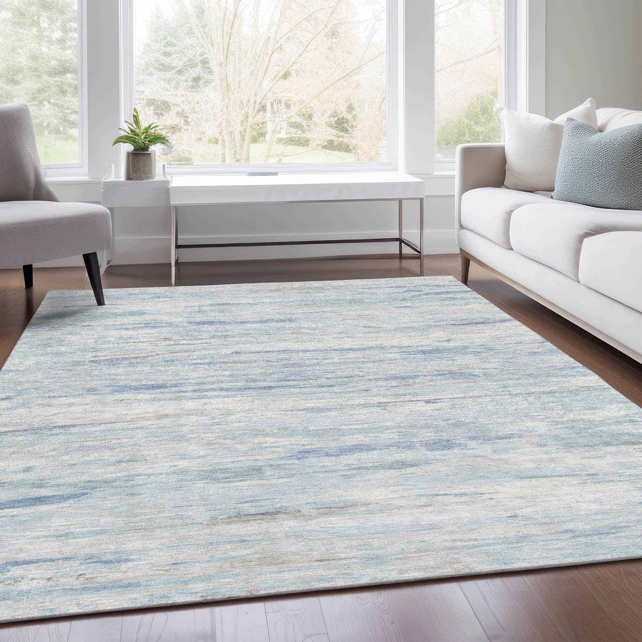 8' X 10' Sky Blue And Ivory Abstract Washable Indoor Outdoor Area Rug