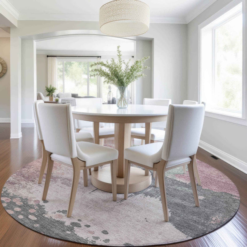 8' Blush Sage And Charcoal Round Abstract Washable Indoor Outdoor Area Rug