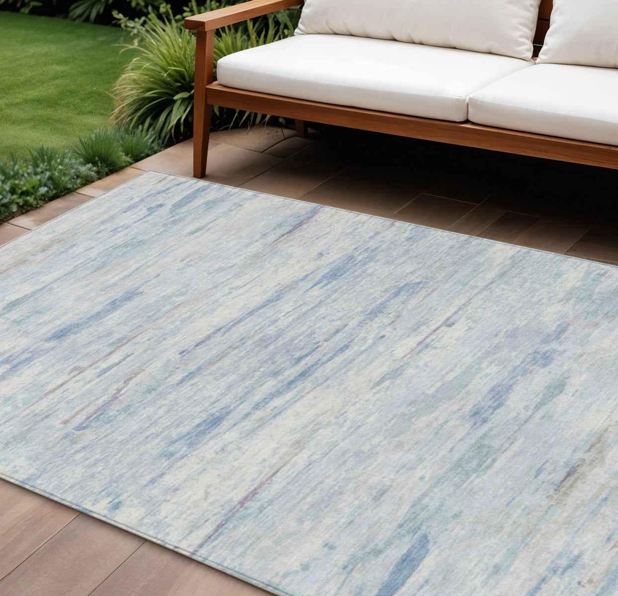 8' X 10' Sky Blue And Ivory Abstract Washable Indoor Outdoor Area Rug