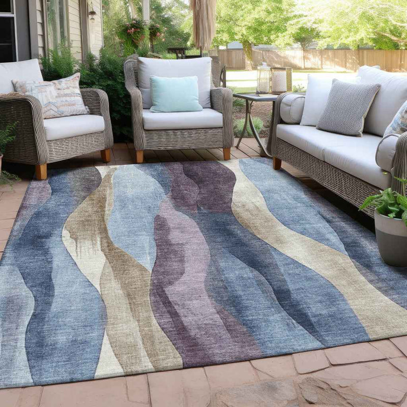 8' X 10' Denim Blue And Purple Abstract Washable Indoor Outdoor Area Rug