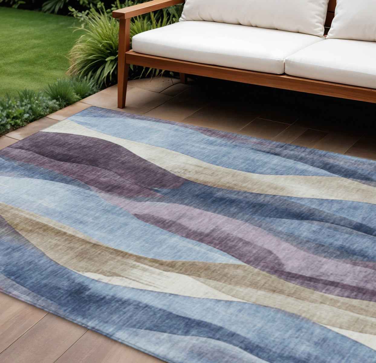 8' X 10' Denim Blue And Purple Abstract Washable Indoor Outdoor Area Rug