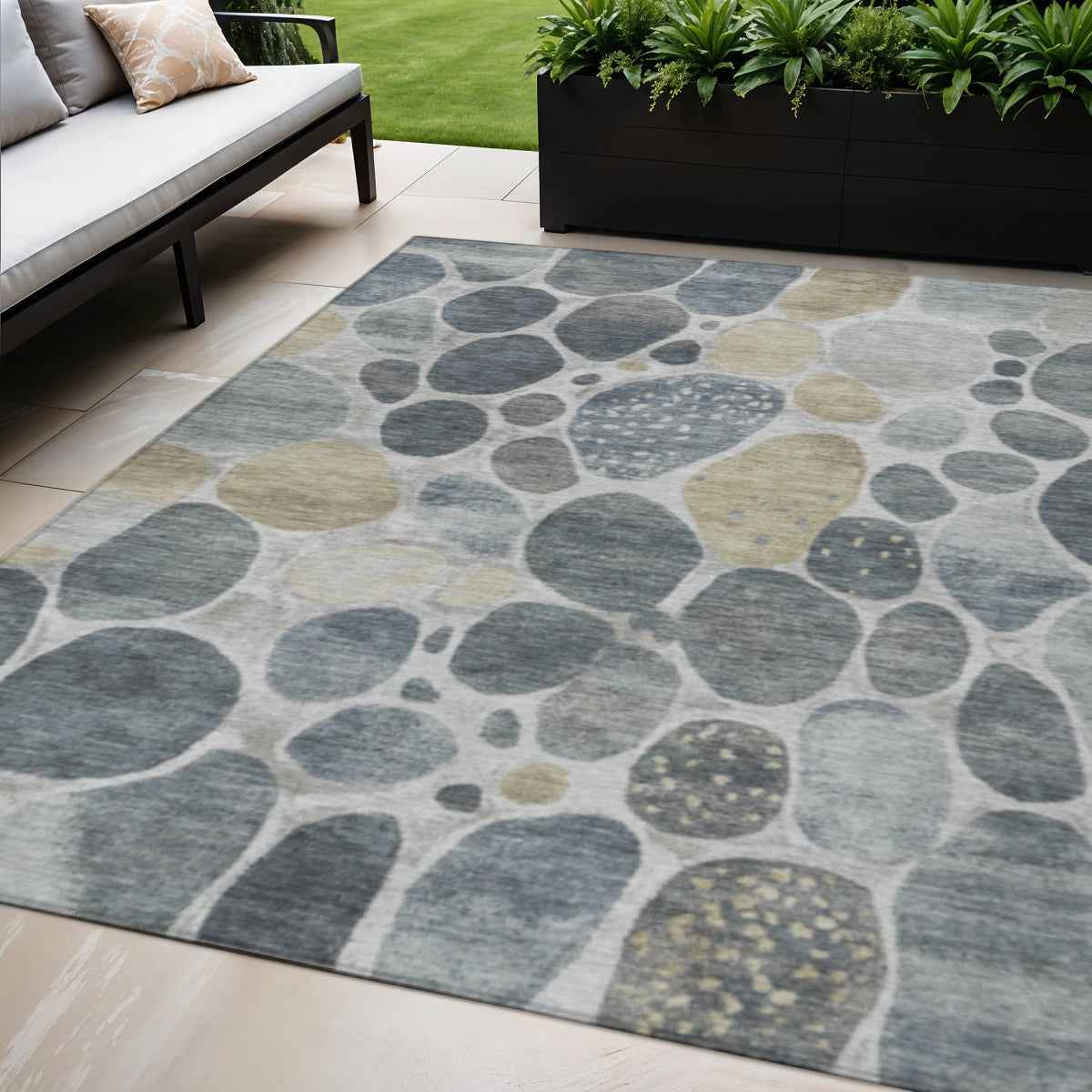 5' X 8' Pewter Beige And Ivory Geometric Washable Indoor Outdoor Area Rug