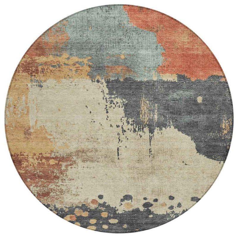 8' Rust Beige And Charcoal Round Abstract Washable Indoor Outdoor Area Rug