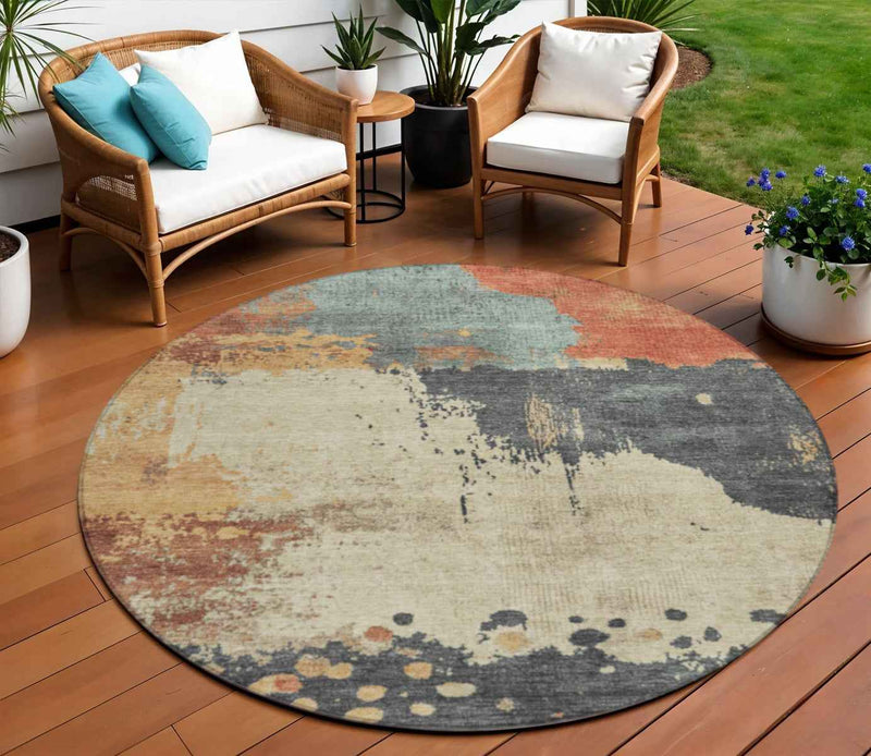 8' Rust Beige And Charcoal Round Abstract Washable Indoor Outdoor Area Rug