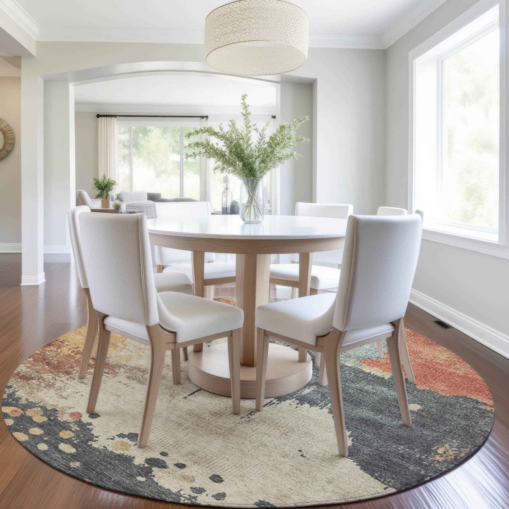 8' Rust Beige And Charcoal Round Abstract Washable Indoor Outdoor Area Rug