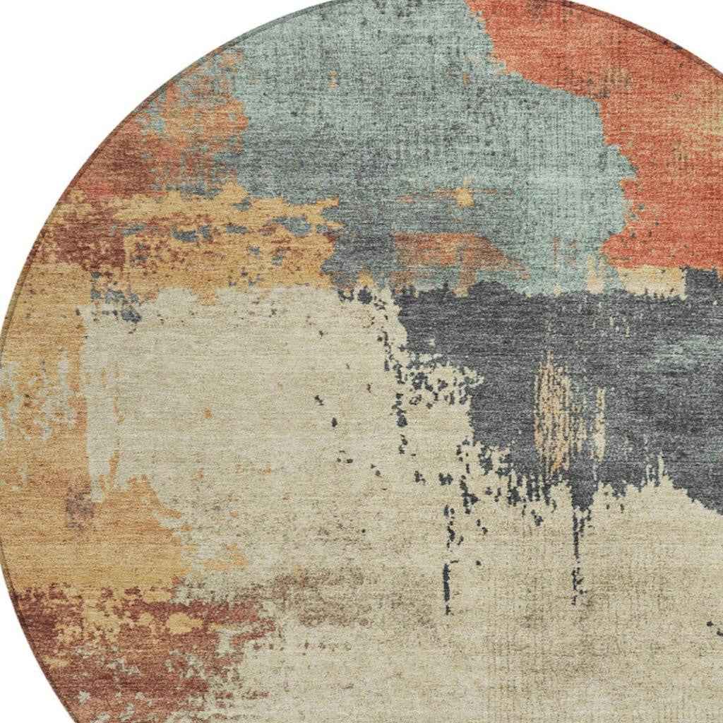 8' Rust Beige And Charcoal Round Abstract Washable Indoor Outdoor Area Rug