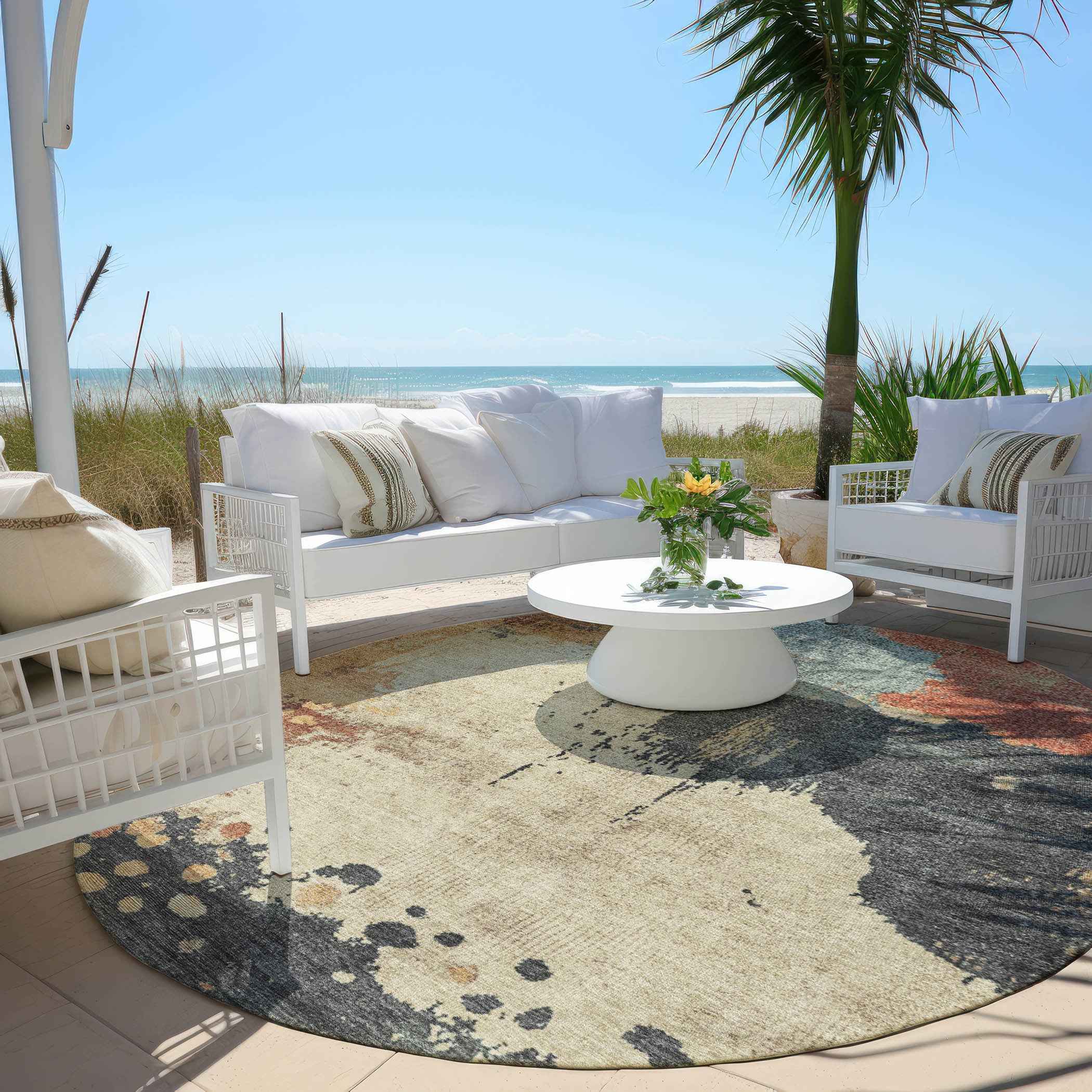 8' Rust Beige And Charcoal Round Abstract Washable Indoor Outdoor Area Rug