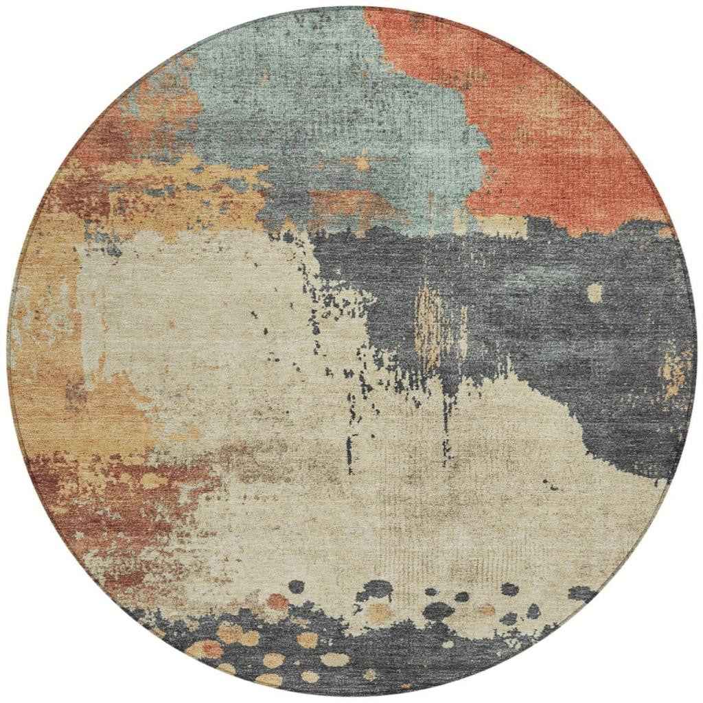 8' Rust Beige And Charcoal Round Abstract Washable Indoor Outdoor Area Rug