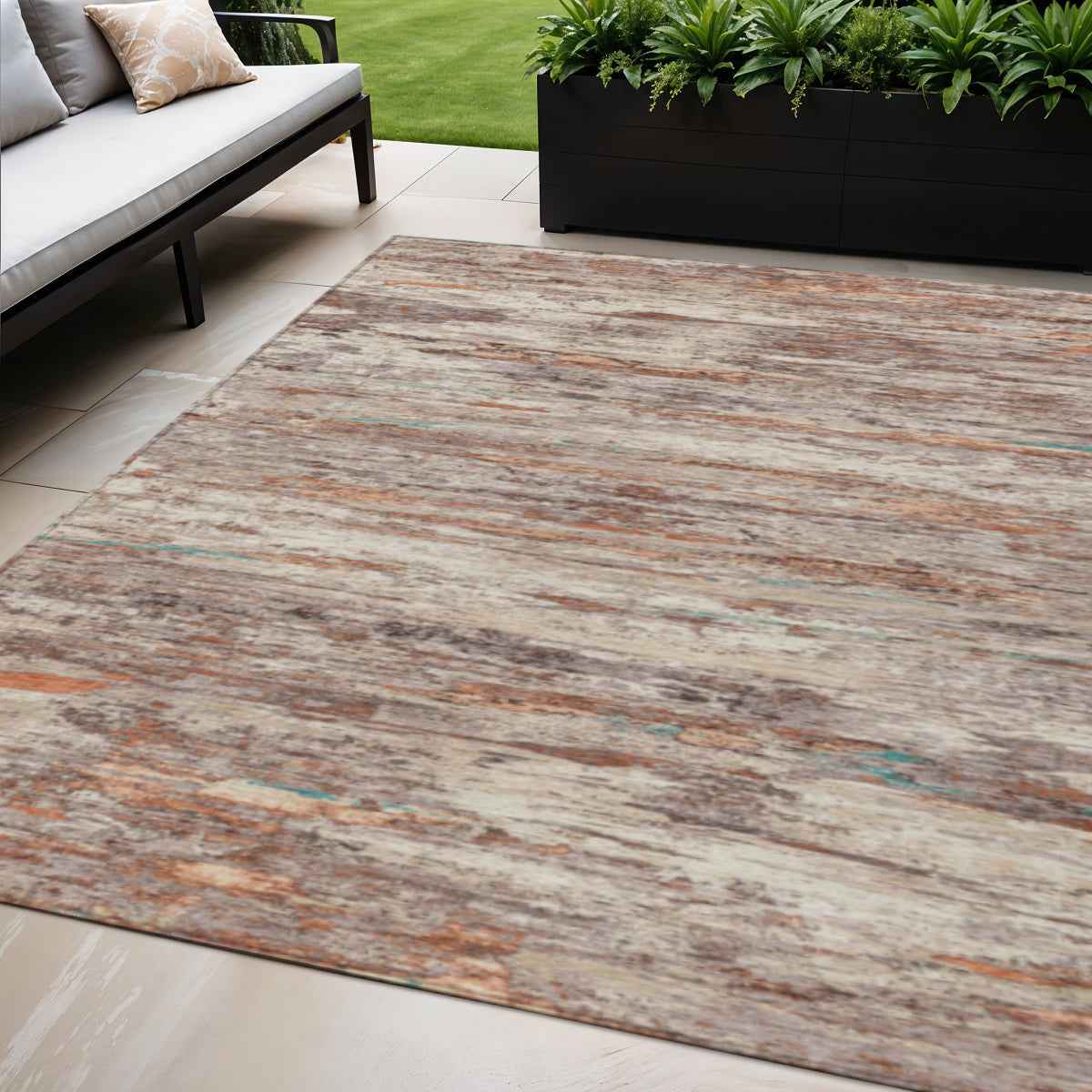 5' X 8' Terra Cotta And Beige Abstract Washable Indoor Outdoor Area Rug
