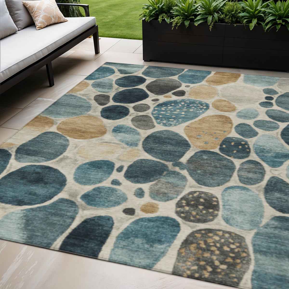 5' X 8' Teal Blue Beige And Ivory Geometric Washable Indoor Outdoor Area Rug