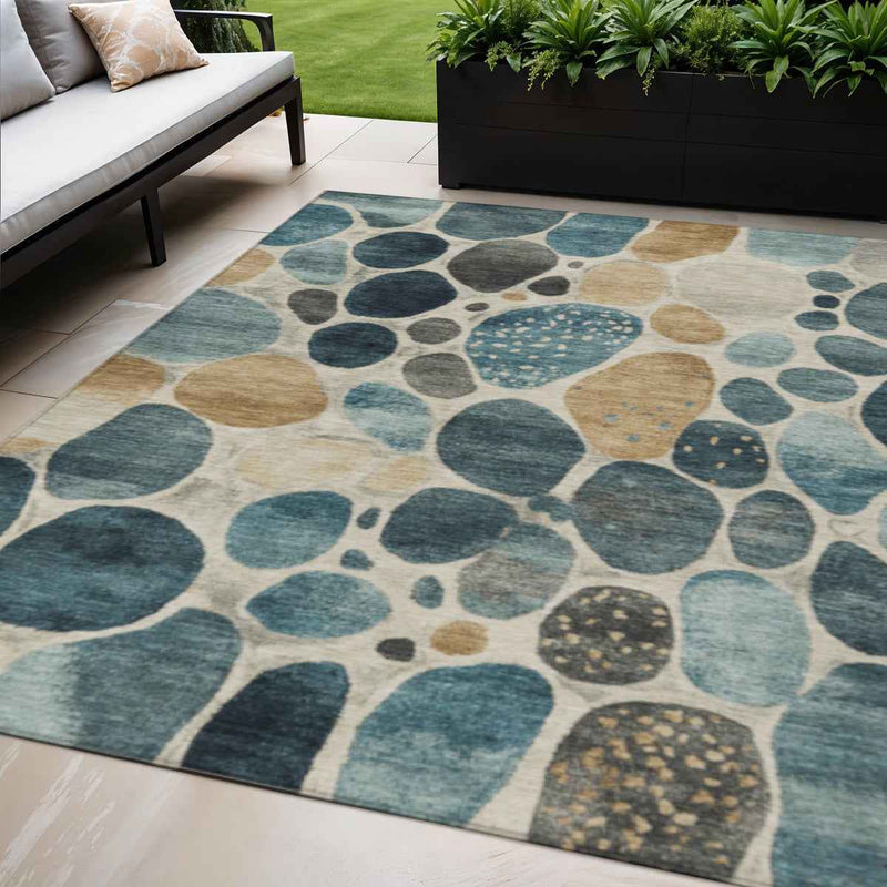 5' X 8' Teal Blue Beige And Ivory Geometric Washable Indoor Outdoor Area Rug