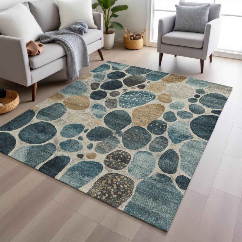 5' X 8' Teal Blue Beige And Ivory Geometric Washable Indoor Outdoor Area Rug