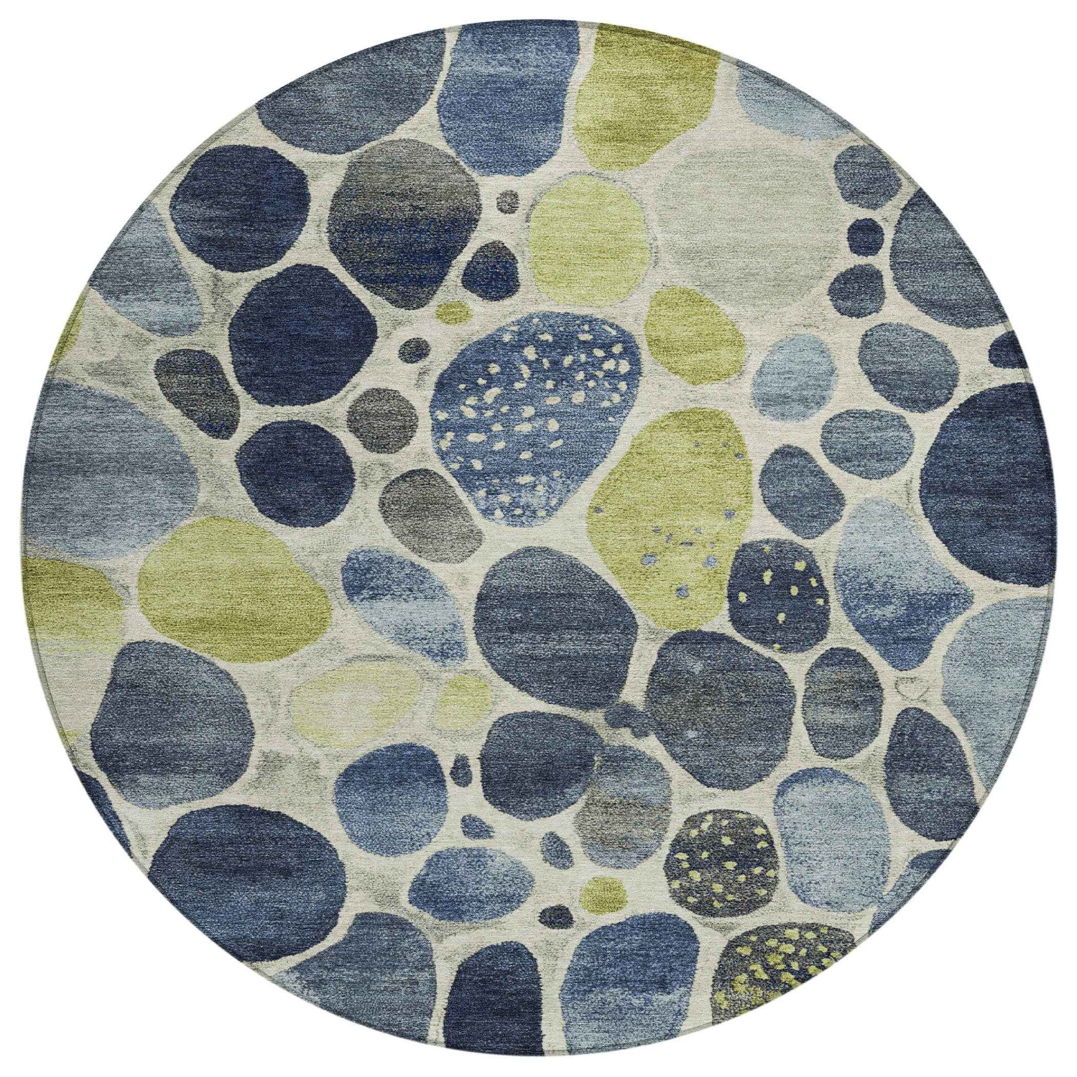8' Denim Blue Ivory And Lime Green Round Geometric Washable Indoor Outdoor Area Rug