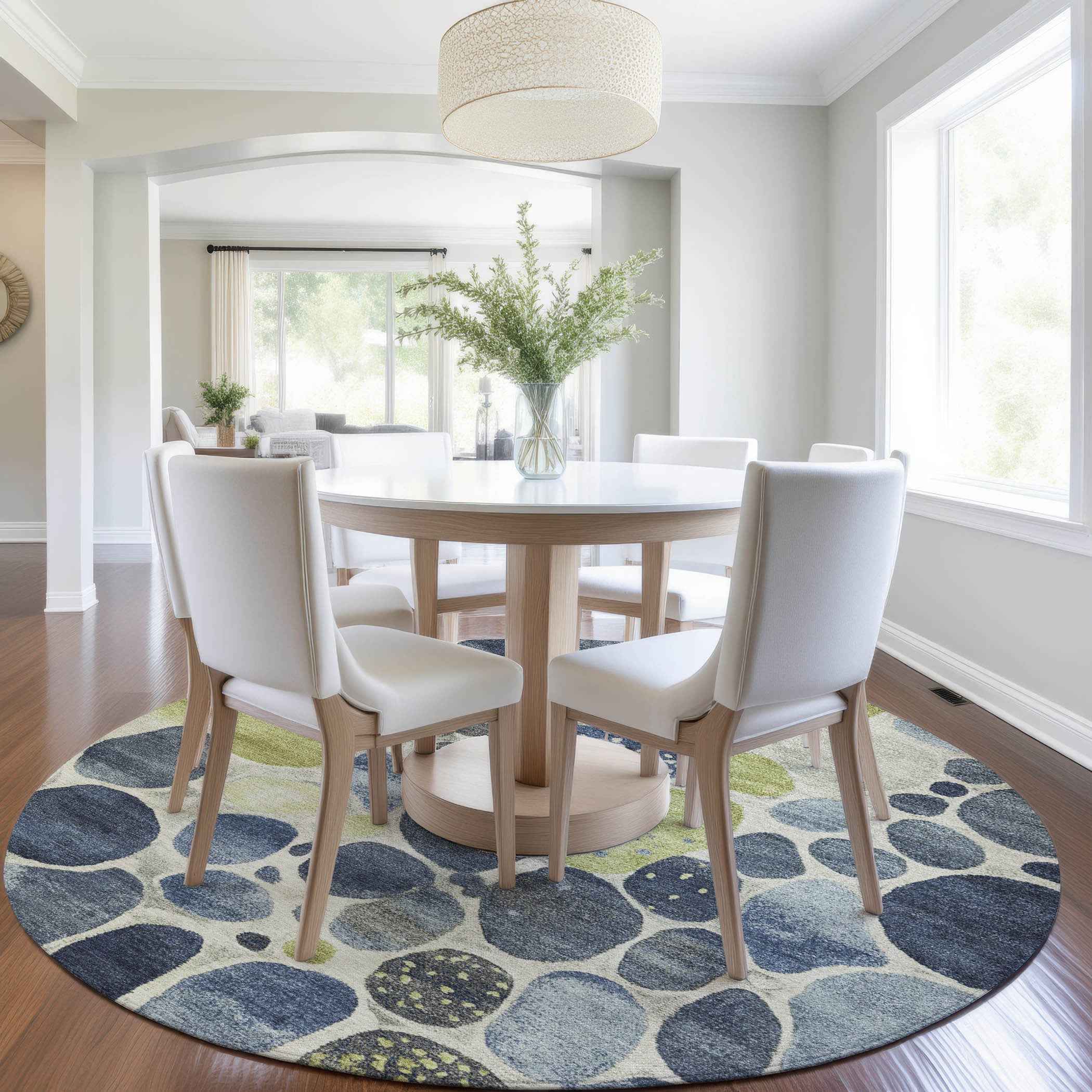 8' Denim Blue Ivory And Lime Green Round Geometric Washable Indoor Outdoor Area Rug