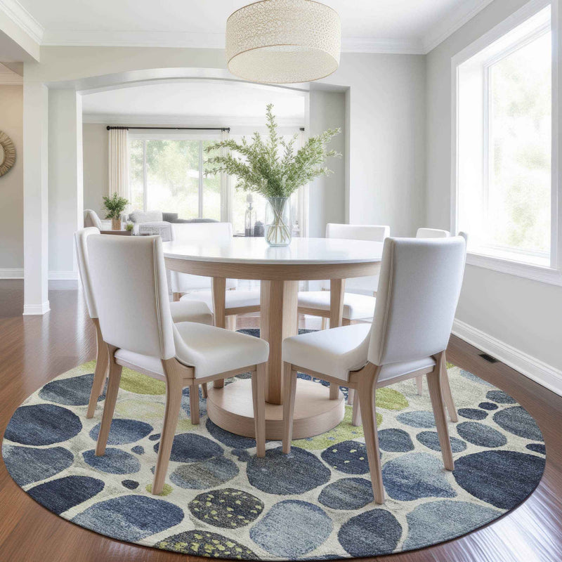 8' Denim Blue Ivory And Lime Green Round Geometric Washable Indoor Outdoor Area Rug