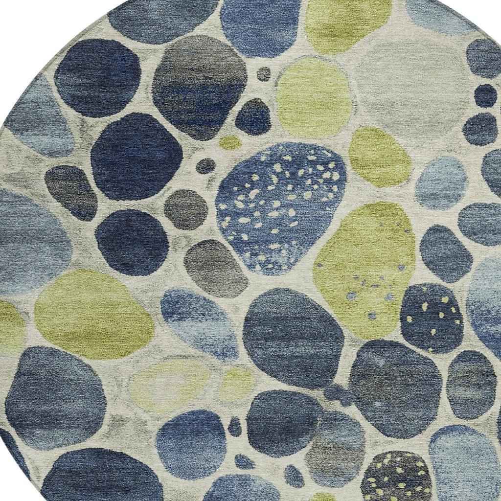 8' Denim Blue Ivory And Lime Green Round Geometric Washable Indoor Outdoor Area Rug