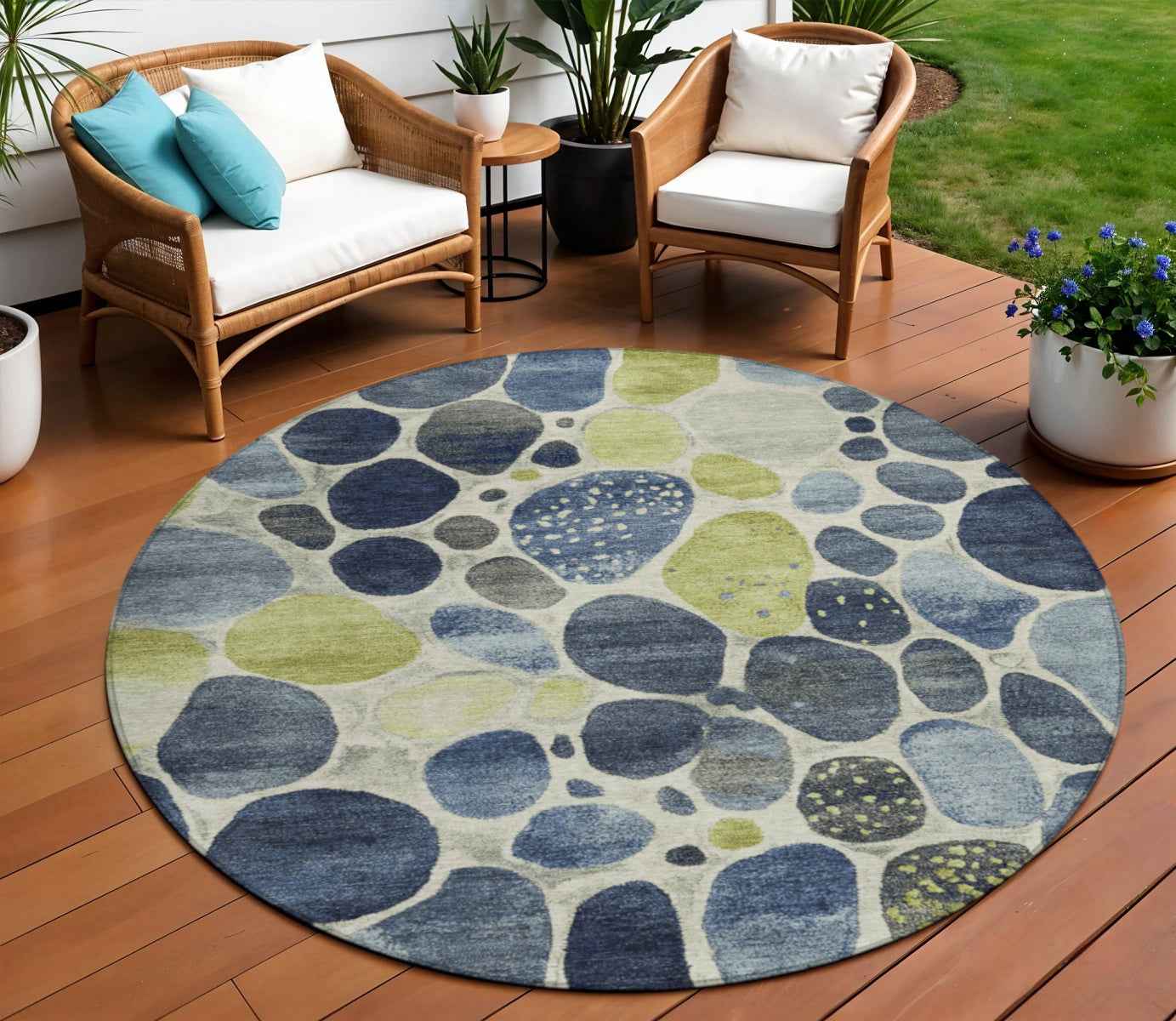 8' Denim Blue Ivory And Lime Green Round Geometric Washable Indoor Outdoor Area Rug