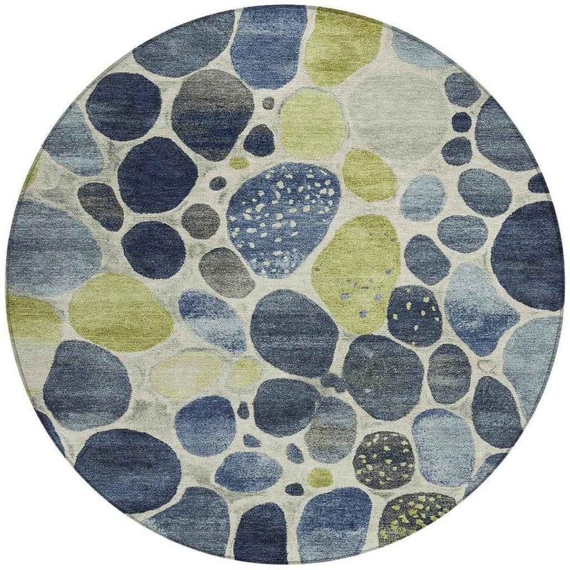 8' Denim Blue Ivory And Lime Green Round Geometric Washable Indoor Outdoor Area Rug