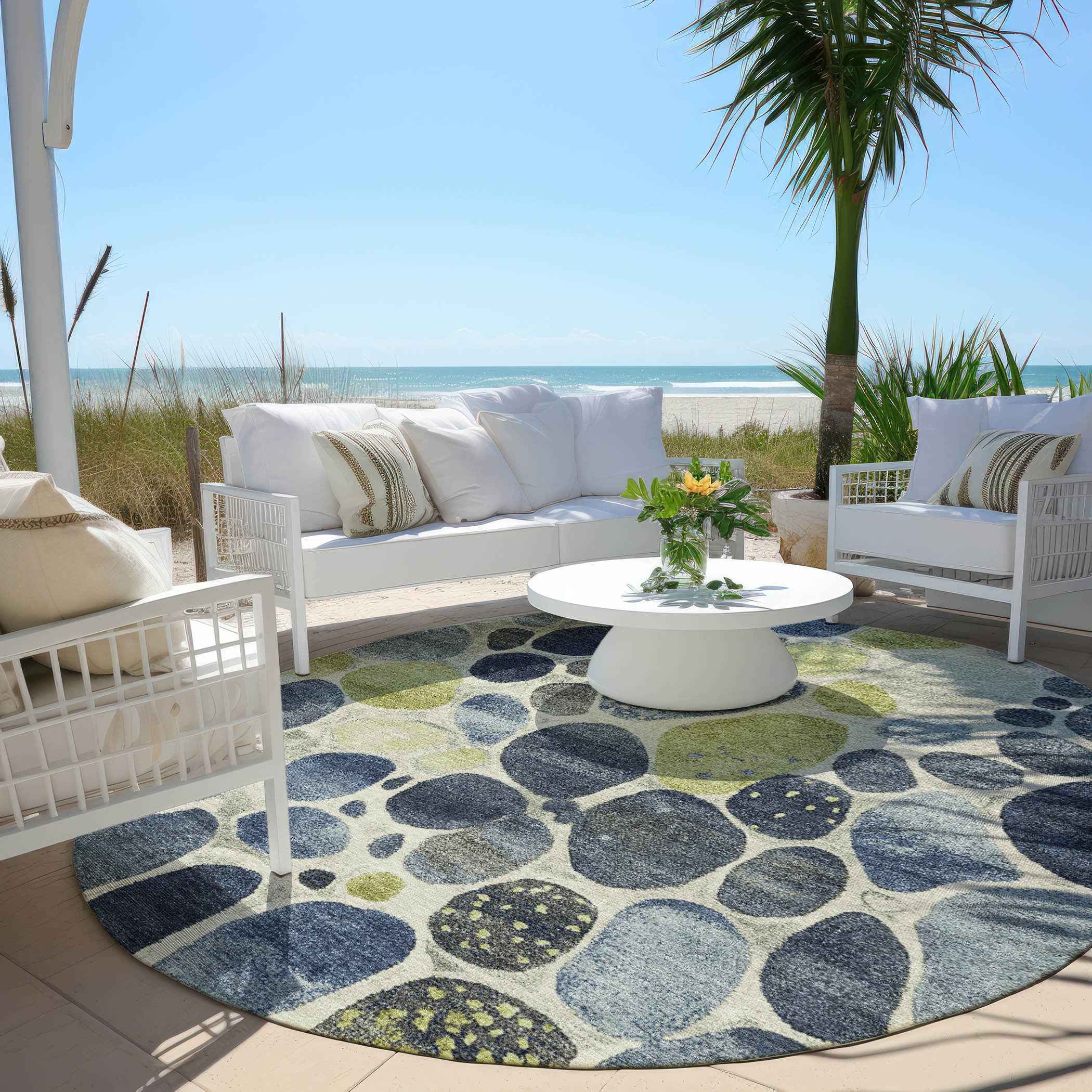 8' Denim Blue Ivory And Lime Green Round Geometric Washable Indoor Outdoor Area Rug