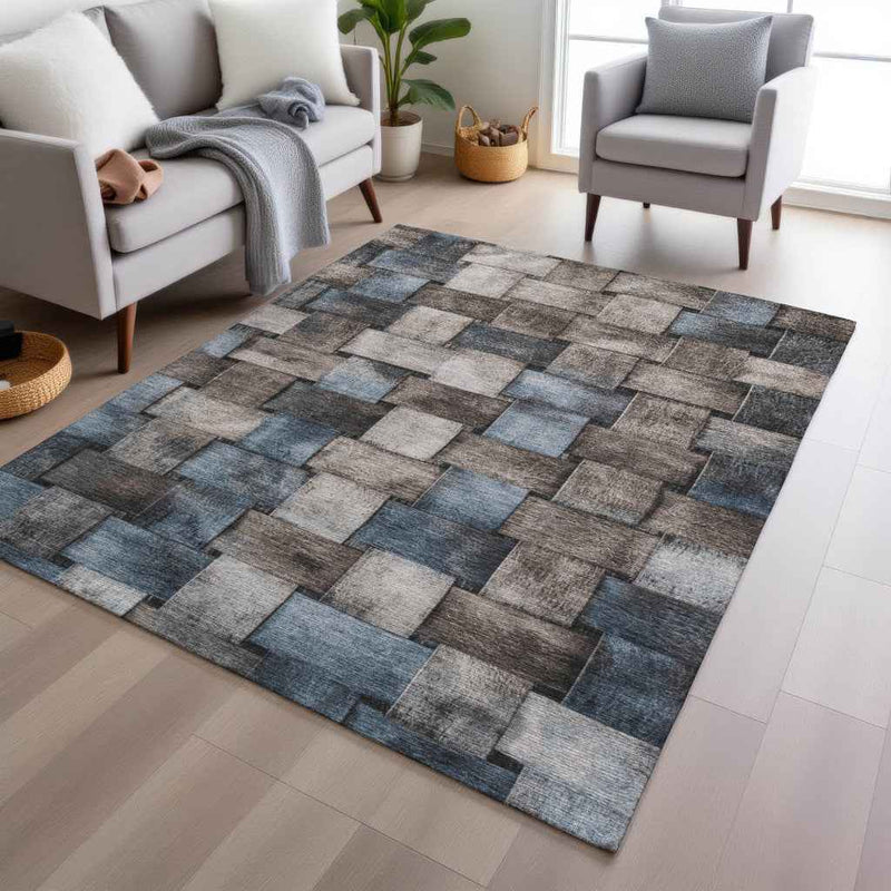 8' X 10' Taupe And Denim Blue Striped Washable Indoor Outdoor Area Rug
