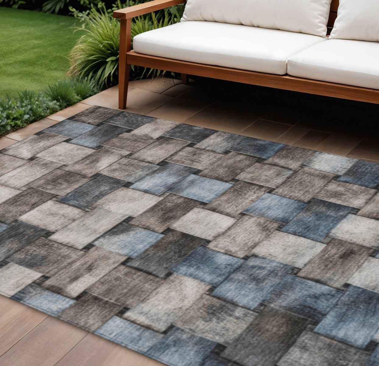 8' X 10' Taupe And Denim Blue Striped Washable Indoor Outdoor Area Rug