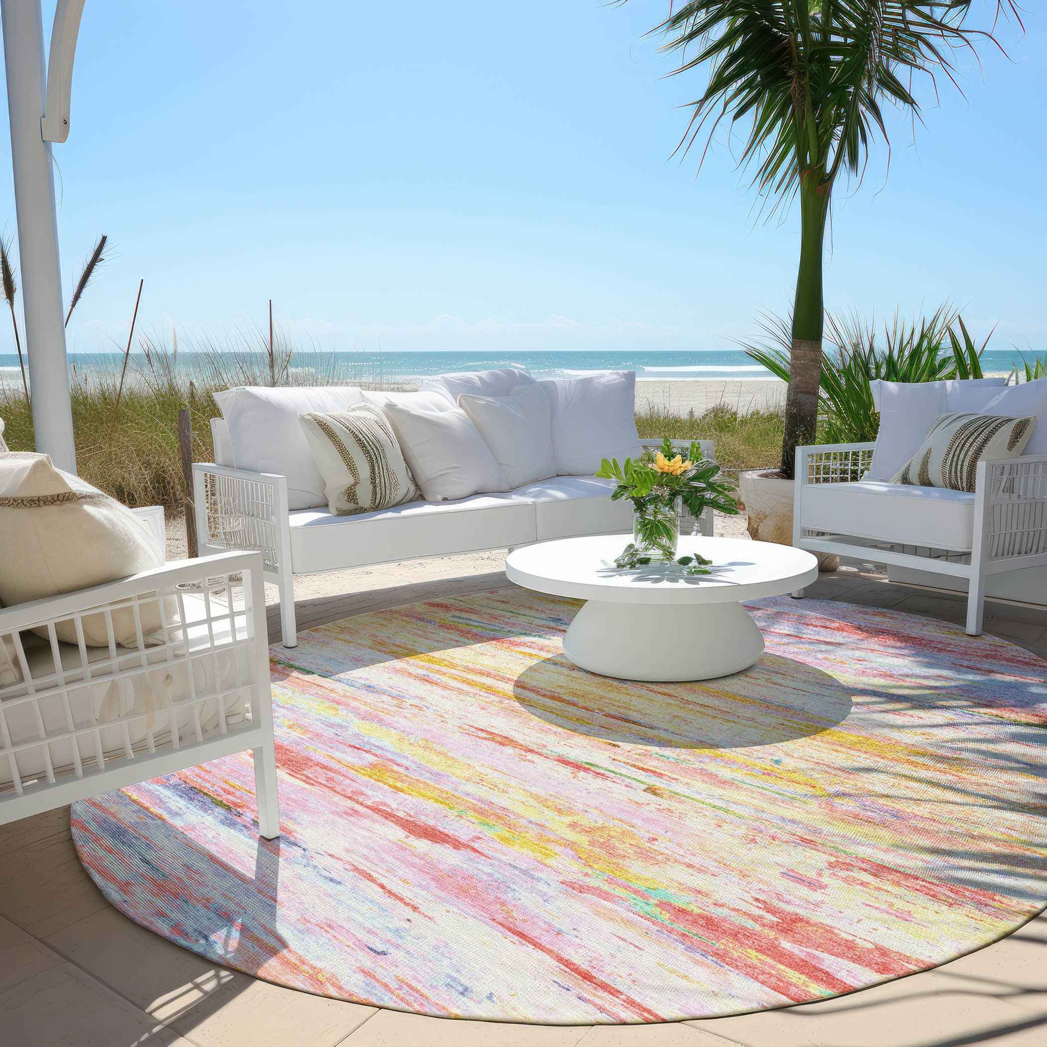8' Coral And Yellow Round Abstract Washable Indoor Outdoor Area Rug