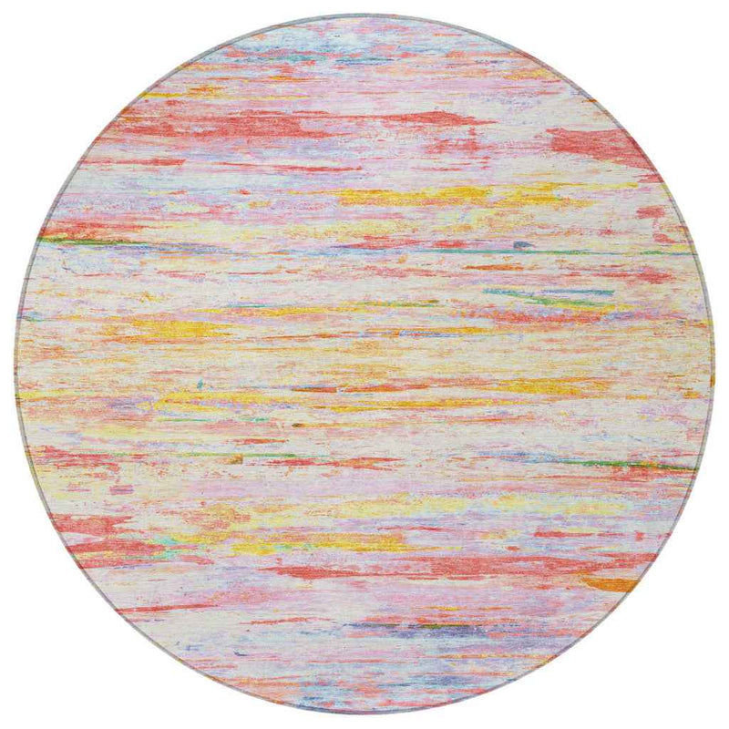 8' Coral And Yellow Round Abstract Washable Indoor Outdoor Area Rug