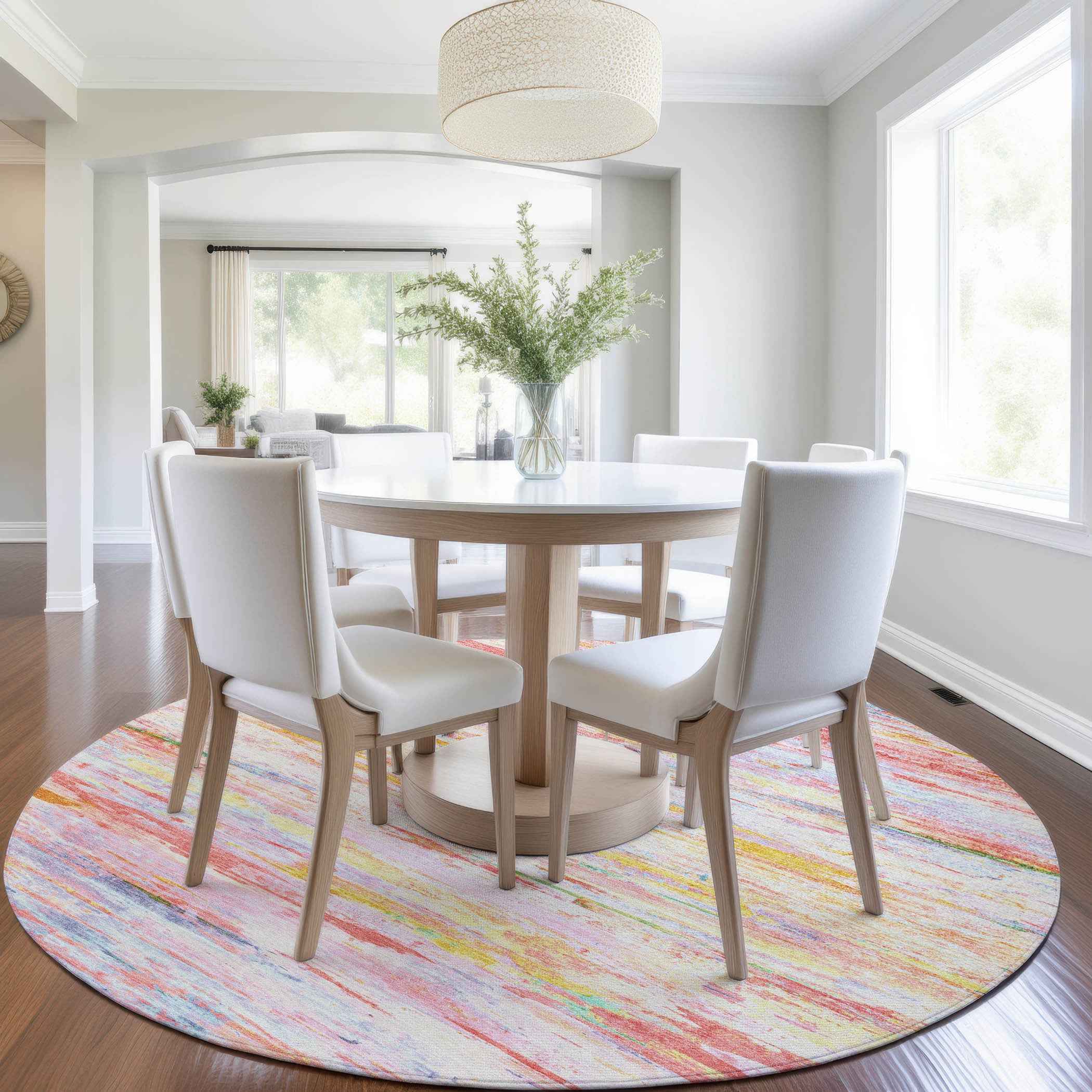 8' Coral And Yellow Round Abstract Washable Indoor Outdoor Area Rug