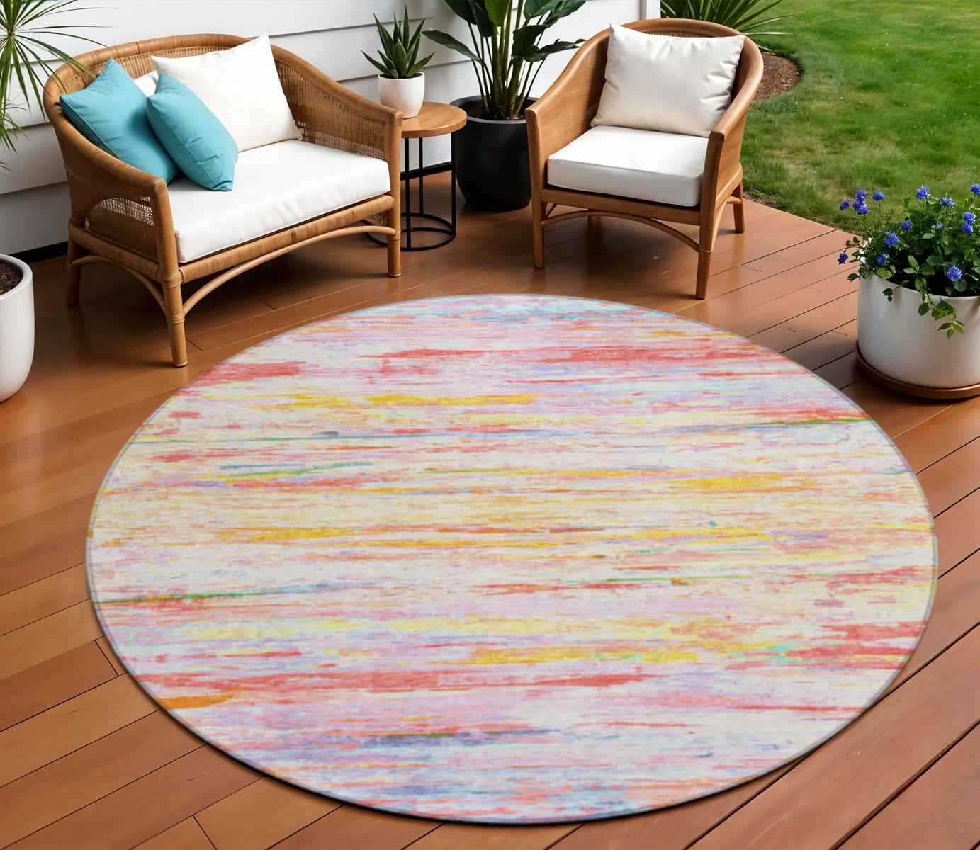 8' Coral And Yellow Round Abstract Washable Indoor Outdoor Area Rug