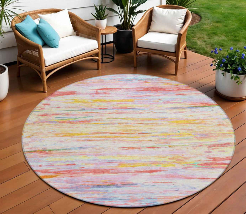 8' Coral And Yellow Round Abstract Washable Indoor Outdoor Area Rug