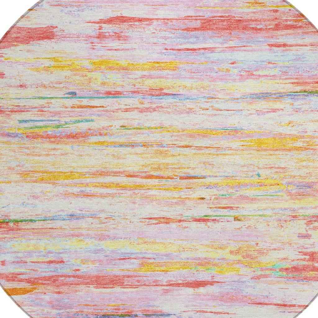 8' Coral And Yellow Round Abstract Washable Indoor Outdoor Area Rug