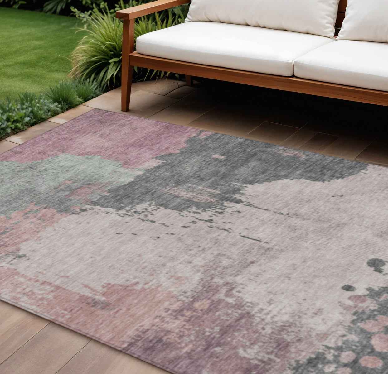 9' X 12' Blush Sage And Charcoal Abstract Washable Indoor Outdoor Area Rug