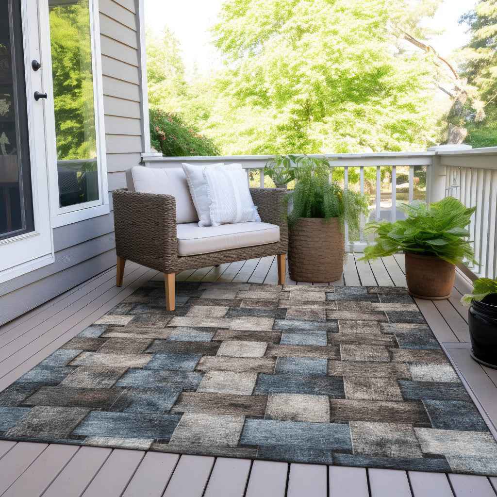 5' X 8' Taupe And Denim Blue Striped Washable Indoor Outdoor Area Rug