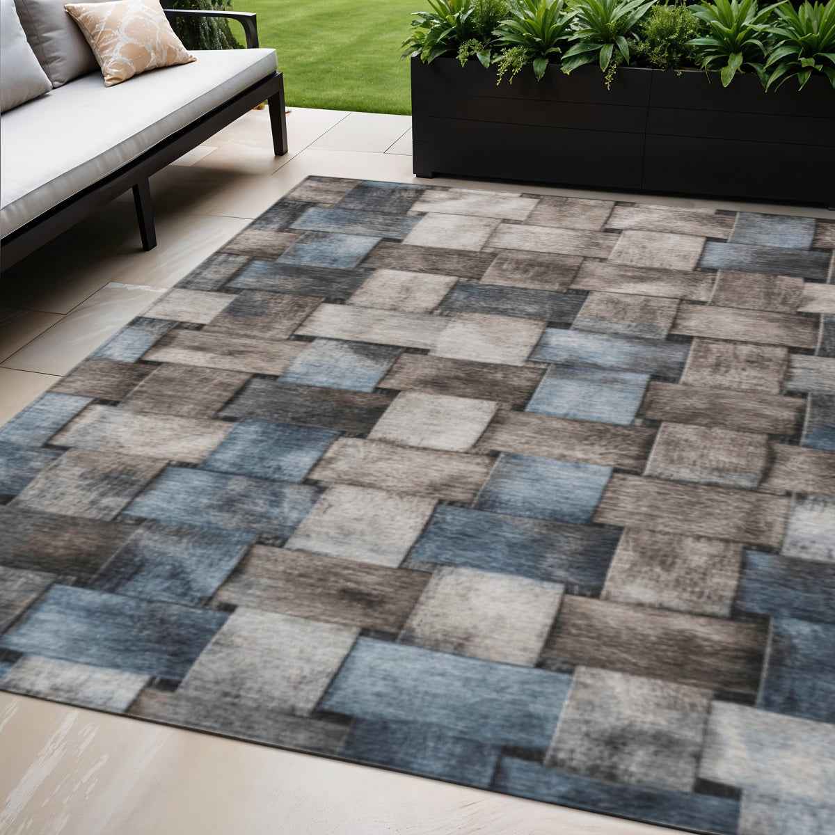 5' X 8' Taupe And Denim Blue Striped Washable Indoor Outdoor Area Rug