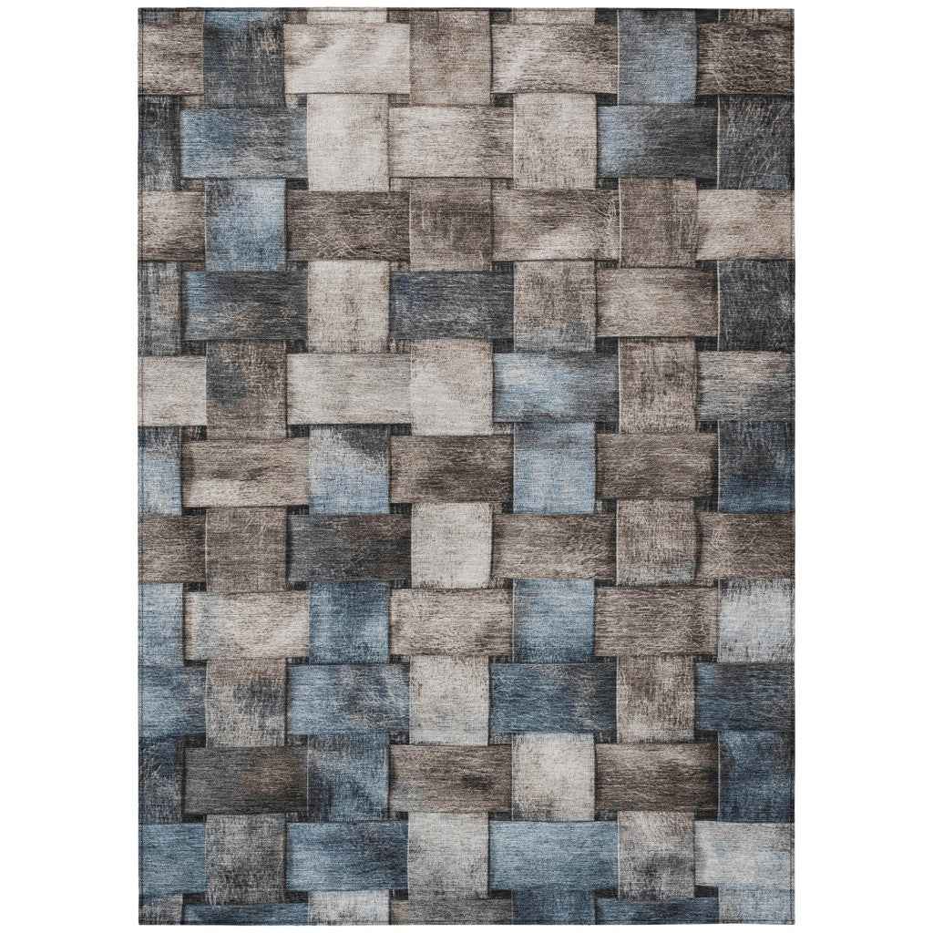 5' X 8' Taupe And Denim Blue Striped Washable Indoor Outdoor Area Rug