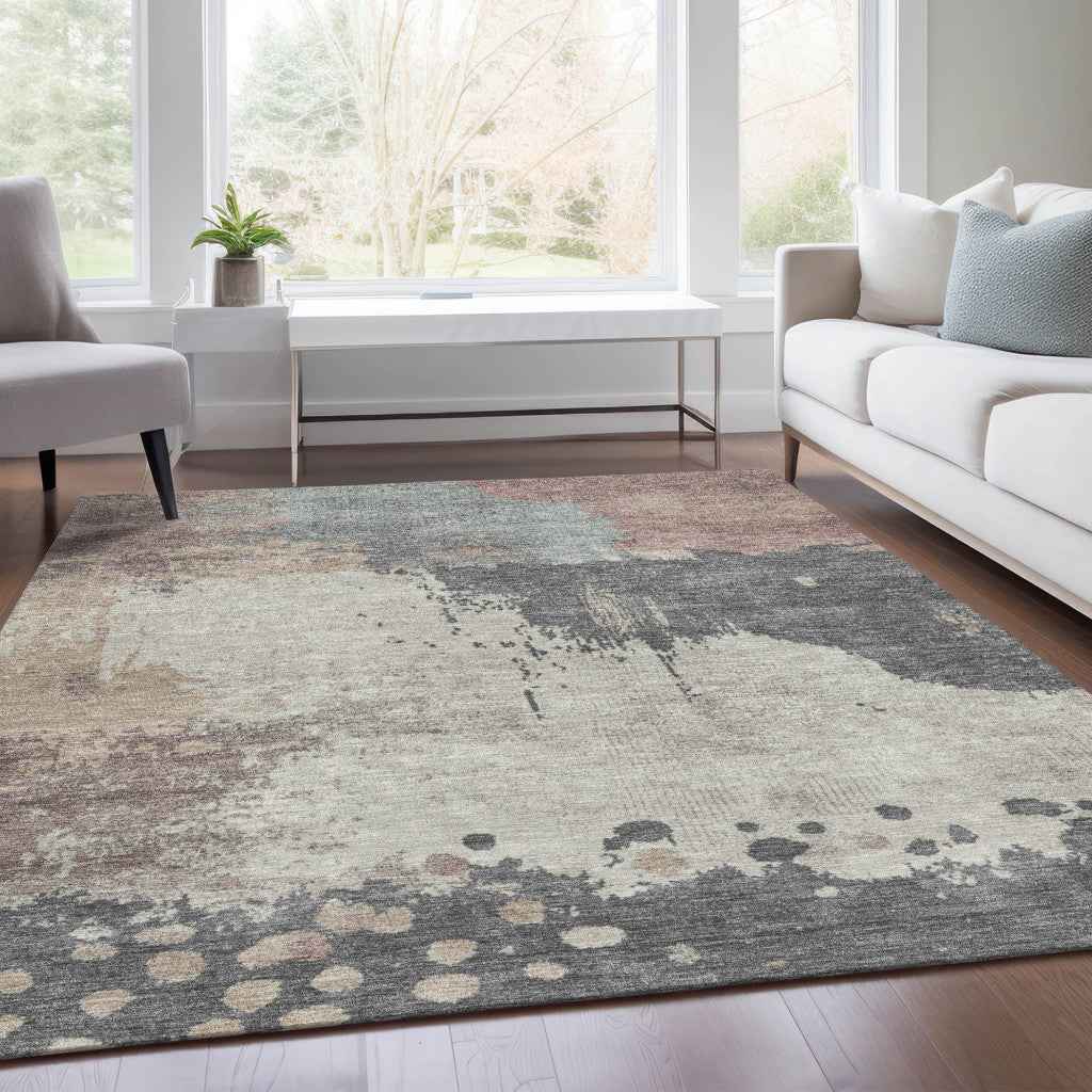 3' X 5' Khaki Charcoal And Ivory Abstract Washable Indoor Outdoor Area Rug