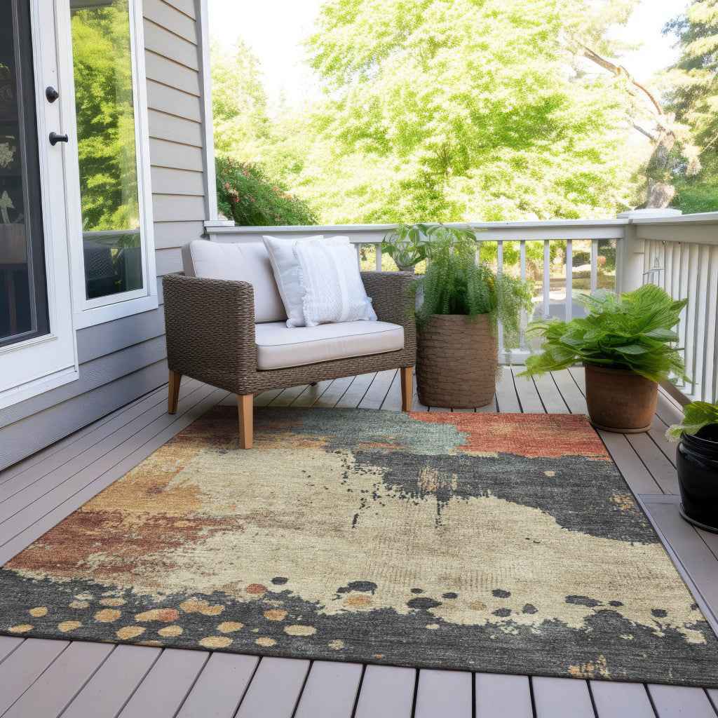 3' X 5' Rust Beige And Charcoal Abstract Washable Indoor Outdoor Area Rug