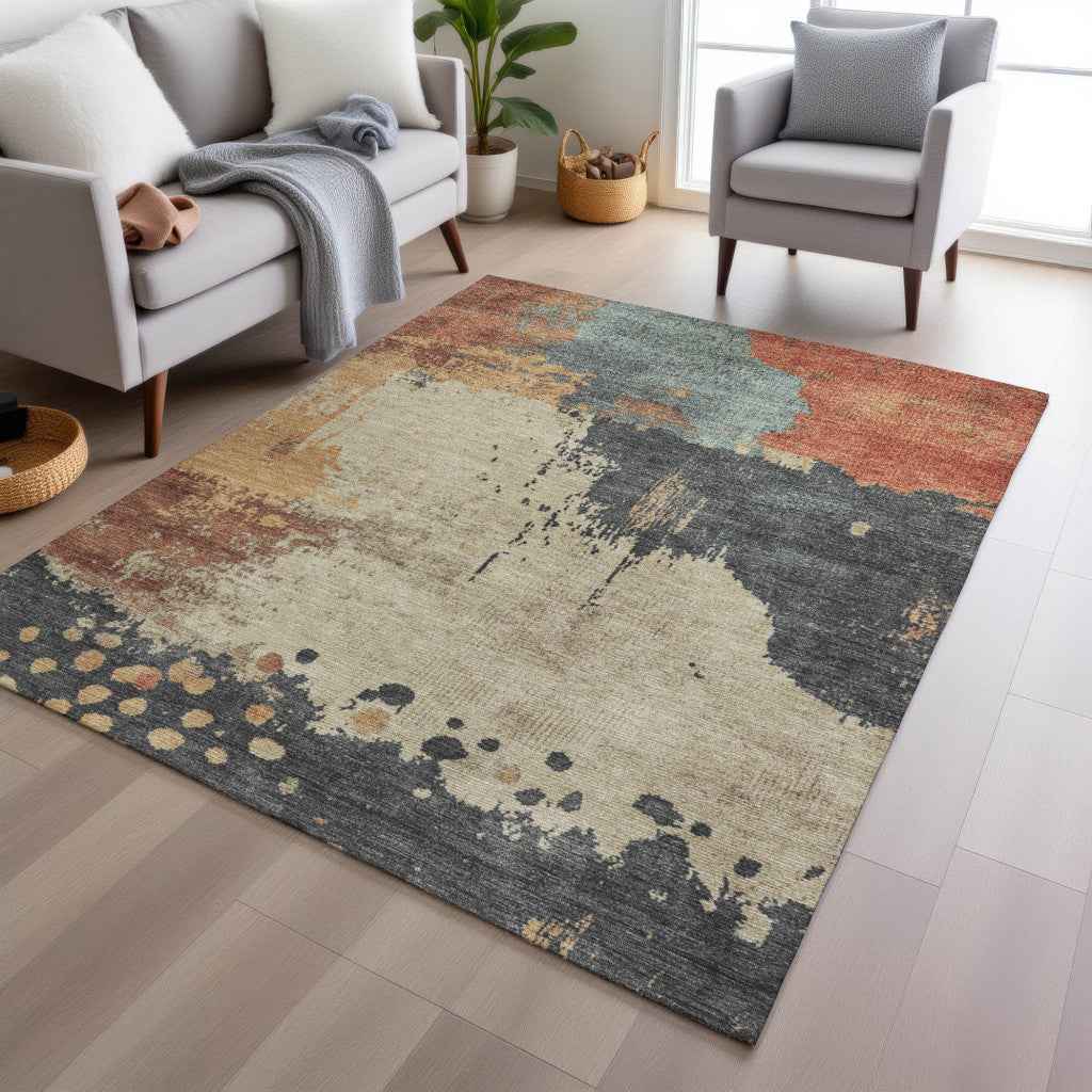 3' X 5' Rust Beige And Charcoal Abstract Washable Indoor Outdoor Area Rug