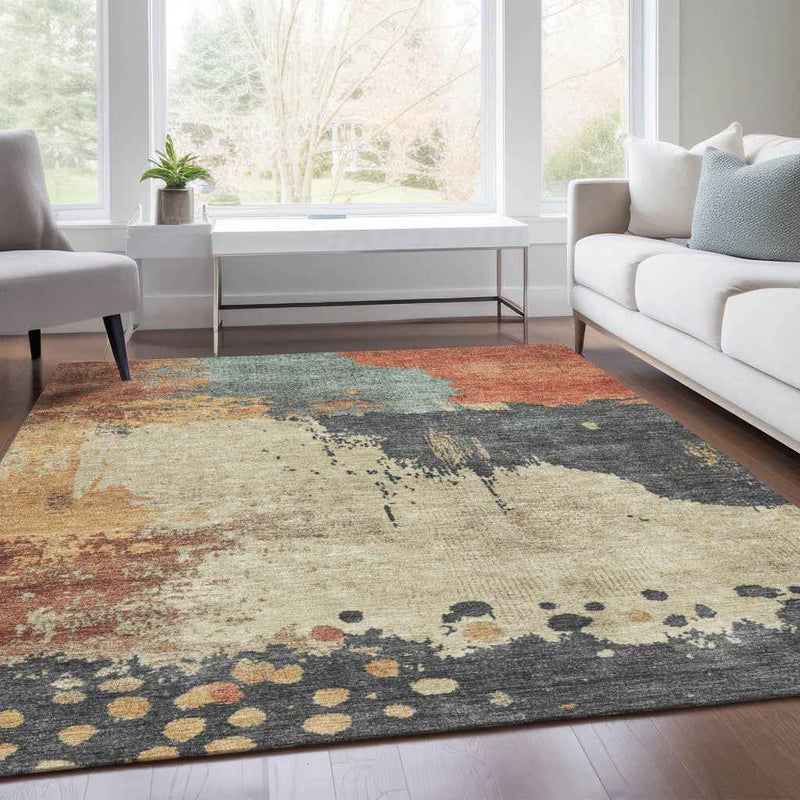 3' X 5' Rust Beige And Charcoal Abstract Washable Indoor Outdoor Area Rug