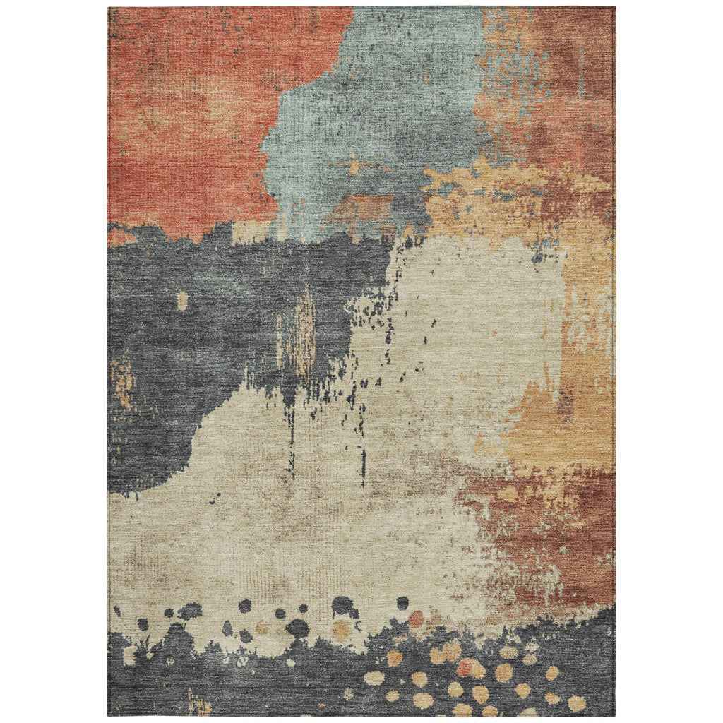 10' X 14' Rust Beige And Charcoal Abstract Washable Indoor Outdoor Area Rug