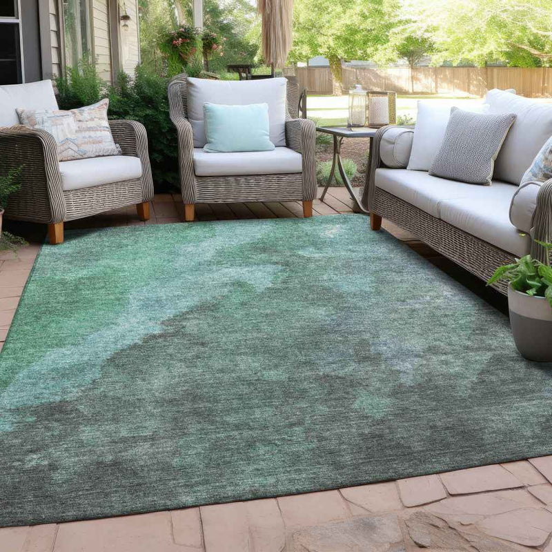 8' X 10' Teal Blue And Pale Aqua Abstract Washable Indoor Outdoor Area Rug