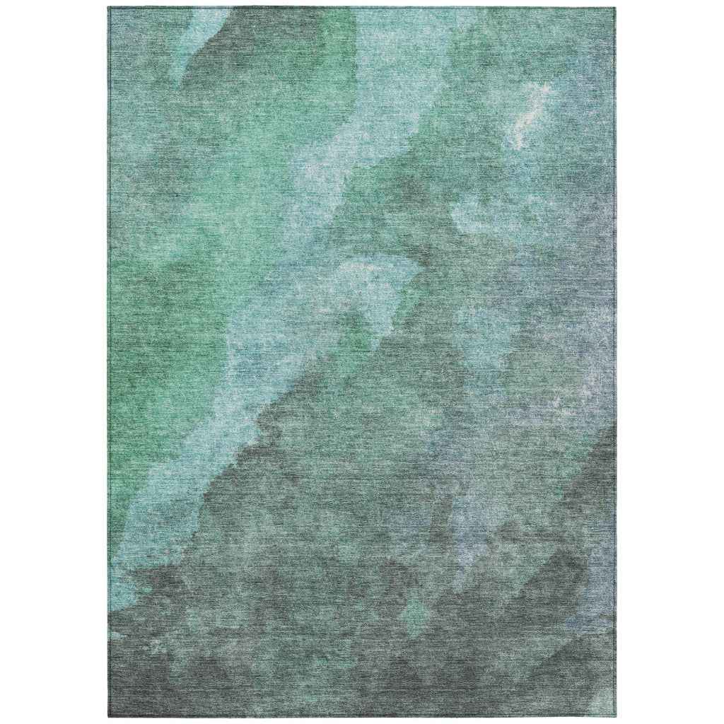 8' X 10' Teal Blue And Pale Aqua Abstract Washable Indoor Outdoor Area Rug
