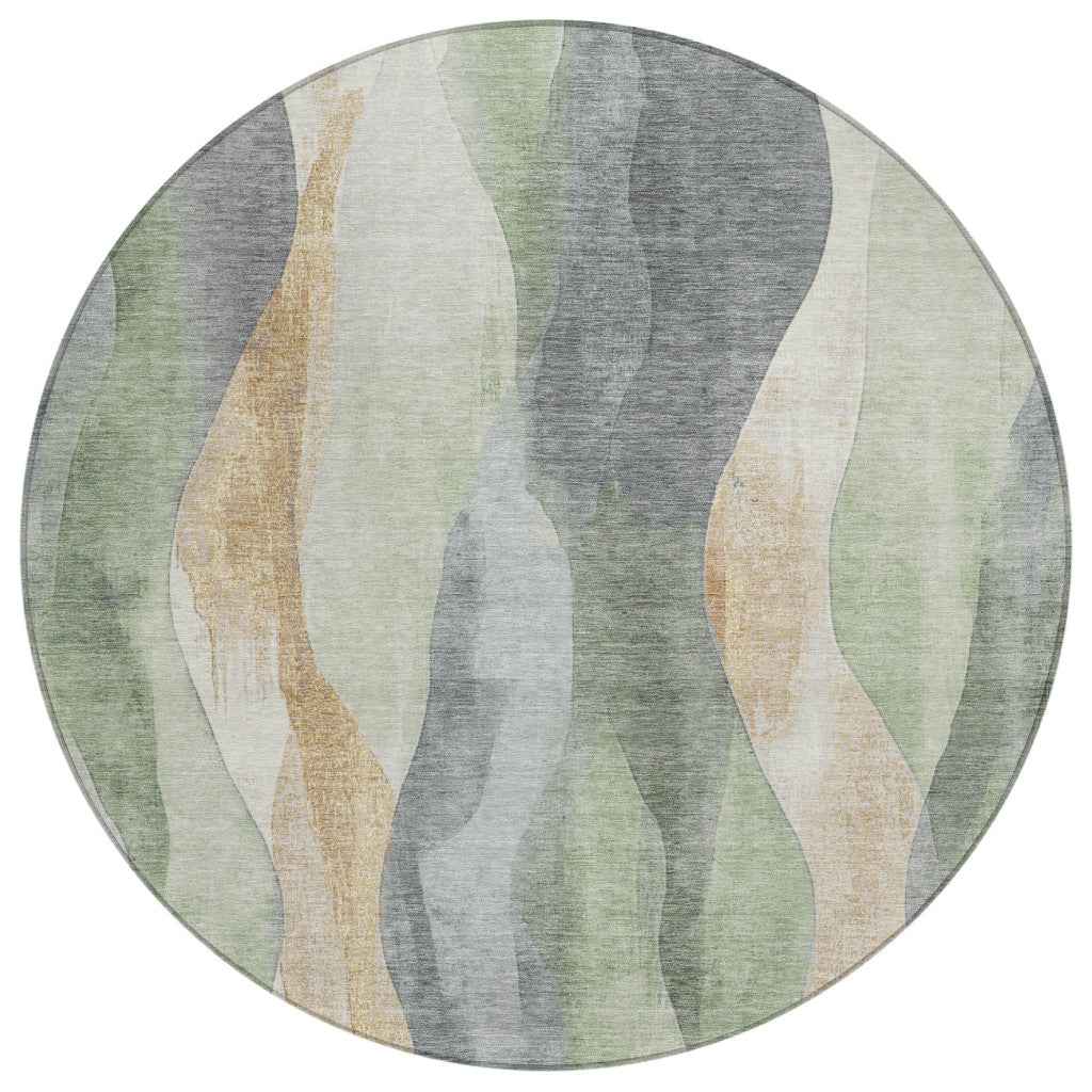 8' Artichoke Green And Gray Round Abstract Washable Indoor Outdoor Area Rug