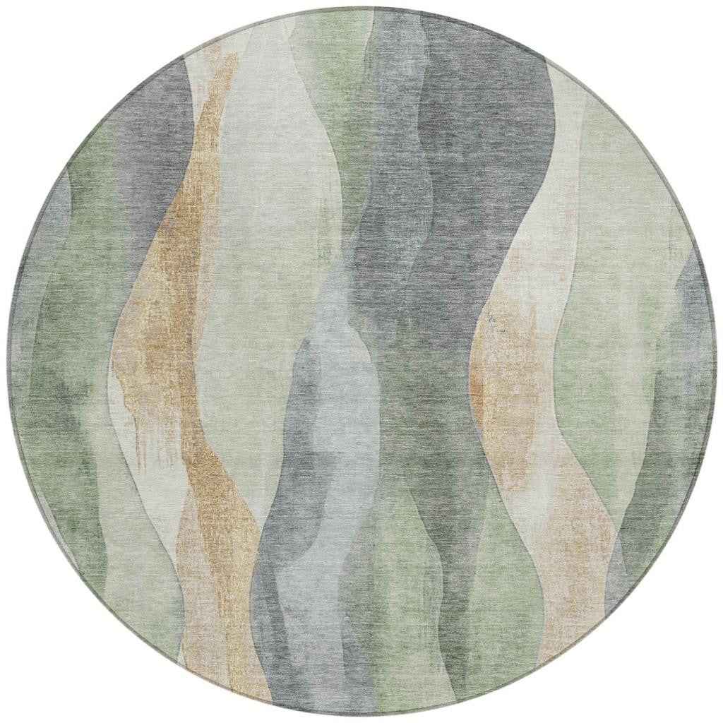 8' Artichoke Green And Gray Round Abstract Washable Indoor Outdoor Area Rug