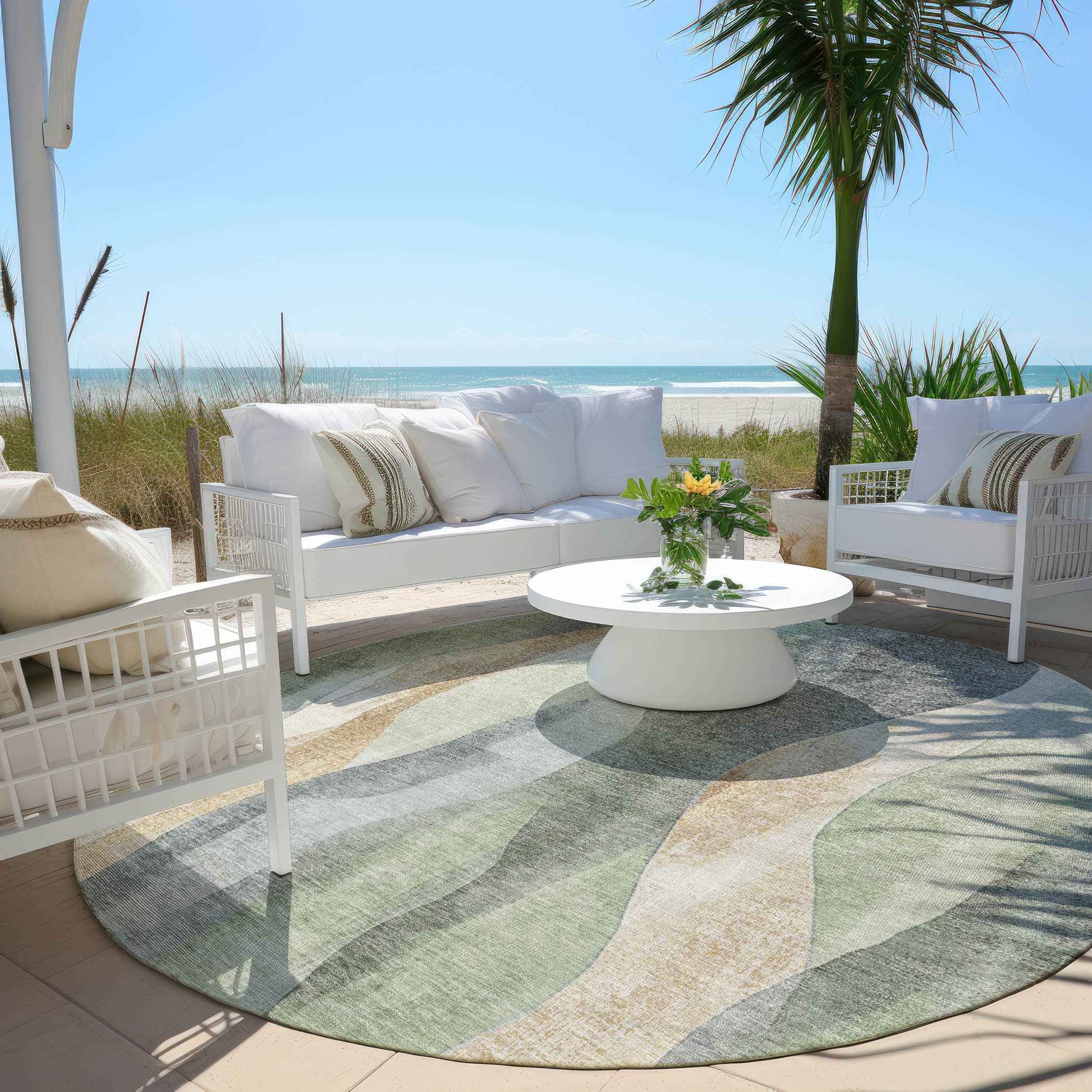 8' Artichoke Green And Gray Round Abstract Washable Indoor Outdoor Area Rug