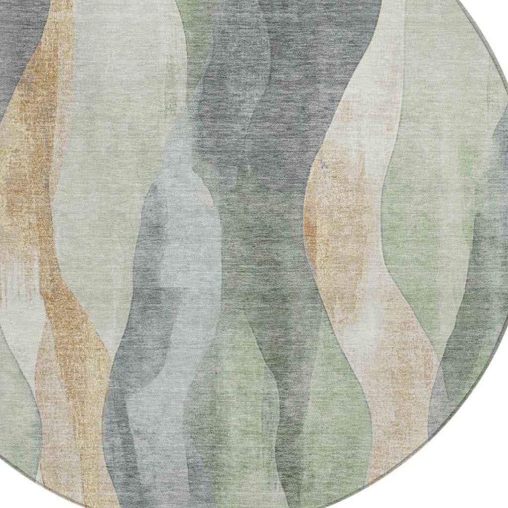 8' Artichoke Green And Gray Round Abstract Washable Indoor Outdoor Area Rug