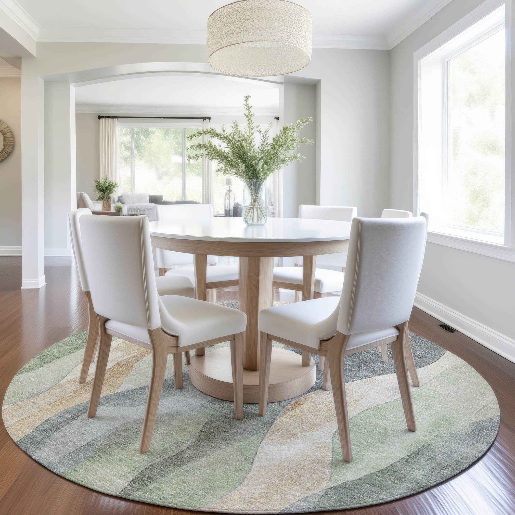 8' Artichoke Green And Gray Round Abstract Washable Indoor Outdoor Area Rug