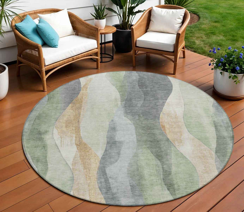 8' Artichoke Green And Gray Round Abstract Washable Indoor Outdoor Area Rug